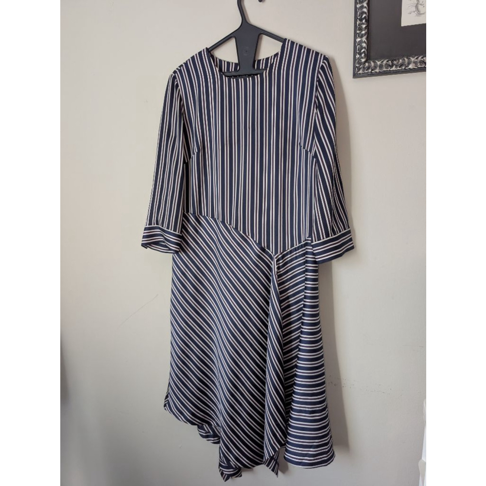 Banana Republic Petite Asymmetrical women's Dress 10P Navy White Striped